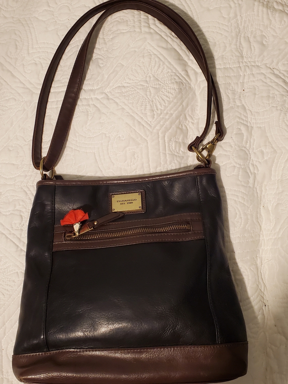 Tignanello Two-Tone Leather Crossbody Bag Black Brown Organizer 90s 4 Zip